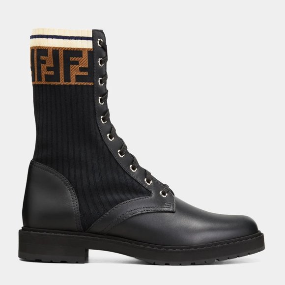 Fendi Shoes Fendi Rockoko Black Leather Logo Sock Knit Womens